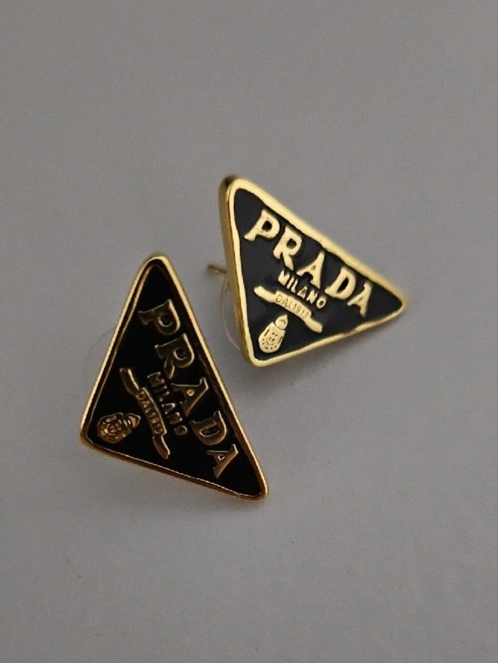 #luxury Black and Gold Triangle Logo Stud Earrings